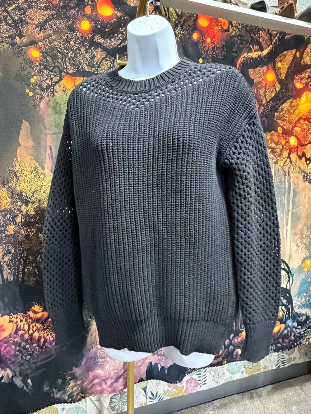 Women’s Black Chunky Open-Knit Long-Sleeve Sweater XXS PTP 24